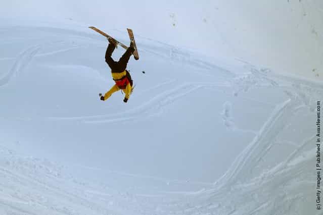 Freeskier Frasor McDougal of New Zealand performs an air during the World Heli Challenge freestyle day in backcountry at Minaret Station on July 31, 2011 in Wanaka, New Zealand