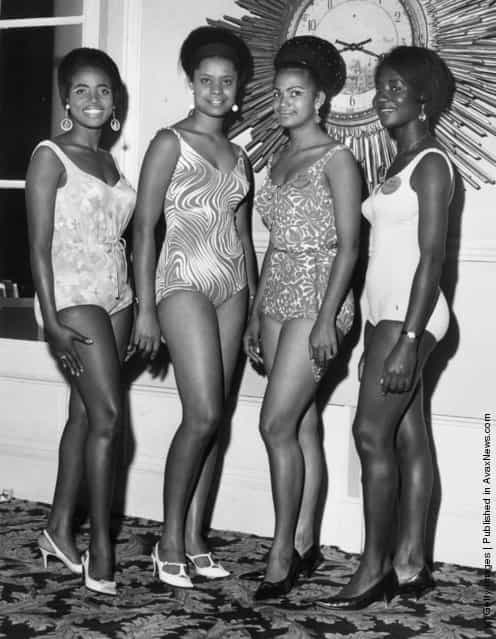 10th November 1967: Four contestants from Africa line up at their London hotel before the 1967 Miss World beauty contest. From left to right, they are Miss Tanzania (Teresa Shayo), Miss Uganda (Rosemary Salmon), Miss Nigeria (Rosalind Balogun) and Miss Ghana (Araba Vroon)