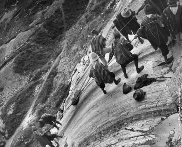 Peruvian workers demonstrate how the ancient Incas polished the large surfaces of their stone buildings, by hauling a rough boulder back and forth across the rock face, 1950