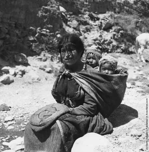 A native Peruvian Aymara Woman with a pair of twins in a sling on her back, 1950