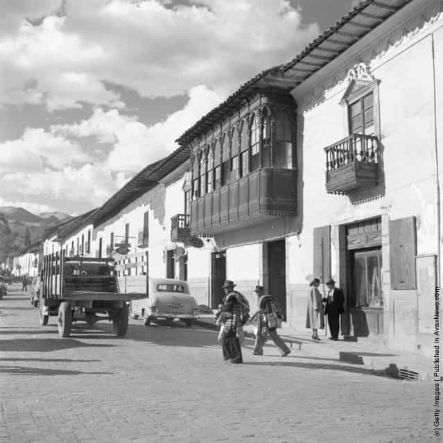 A street in Cuzco, Peru with beautifully carved wooden balconies, 1955