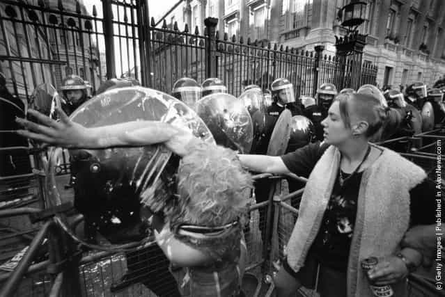 Riot police clash with protesters outside the entrance to Downing Street, London, during a Reclaim The Streets demonstration, 12th April 1997