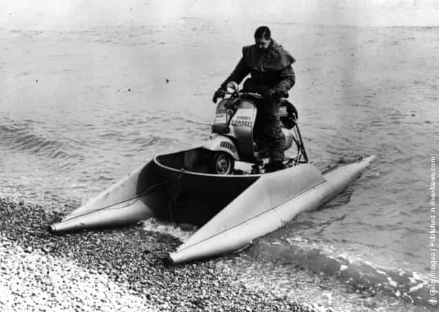 Douglas Vespa motorbike balanced on a pair of floats