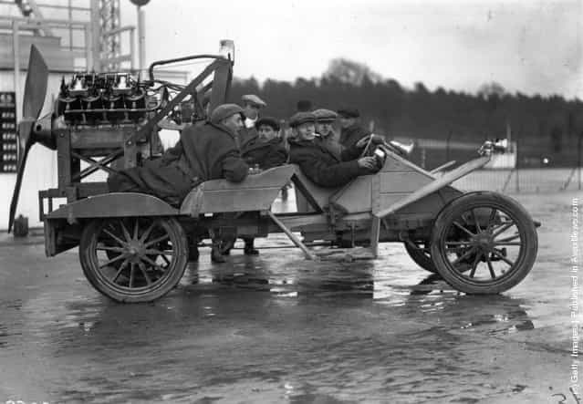 1911: A motor car at Brooklands race track which has been fitted with a propeller for extra speed