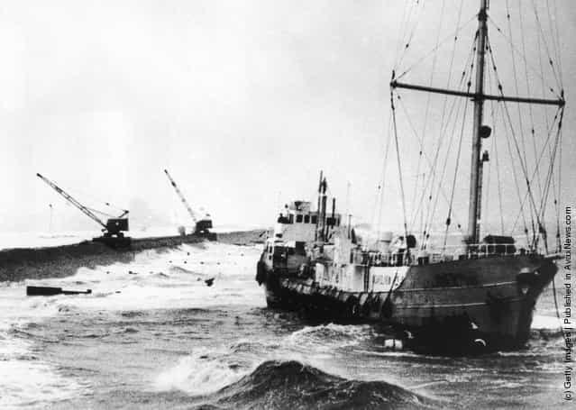 Radio Carolines pirate radio ship MV Mi Amigo runs aground at Frinton-on-Sea on the Essex coast during a storm, 20th January 1966