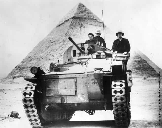 1939: A British tank set against a background of one of the Egyptian pyramids, during World War II