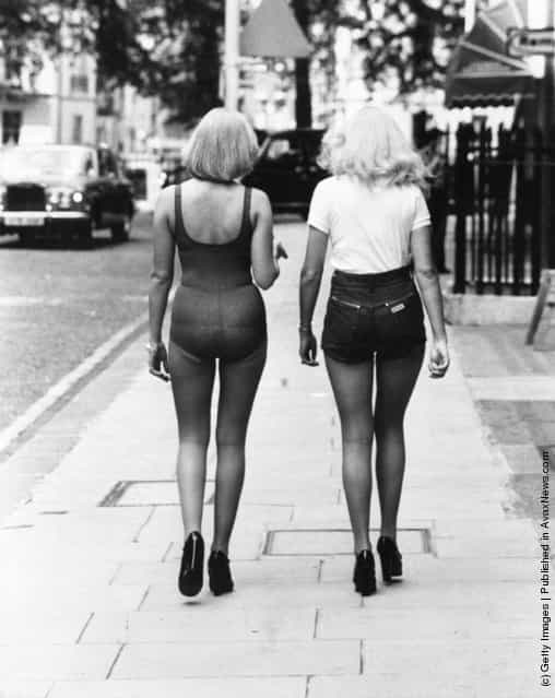 1976: Models, Lynn and Christine, wearing a new style of tights and shorts from the Aristoc range
