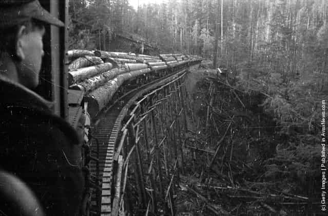 1939: A logger transports timber to the river on a skeletal railway in the forests of British Columbia, Canada