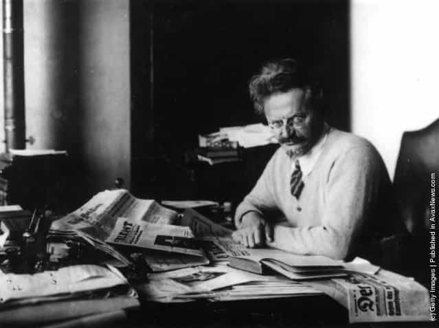 Russian revolutionary Leon Trotsky working on his book The History of the Russian Revolution in his study at Principe, Gulf of Guinea, 1931