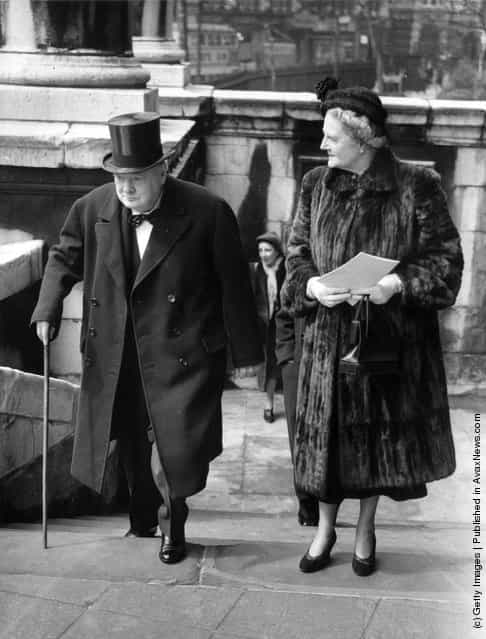 1950: Winston Churchill British Statesman and Prime Minister and Mrs Churchill arriving to unveil the Keyes Memorial