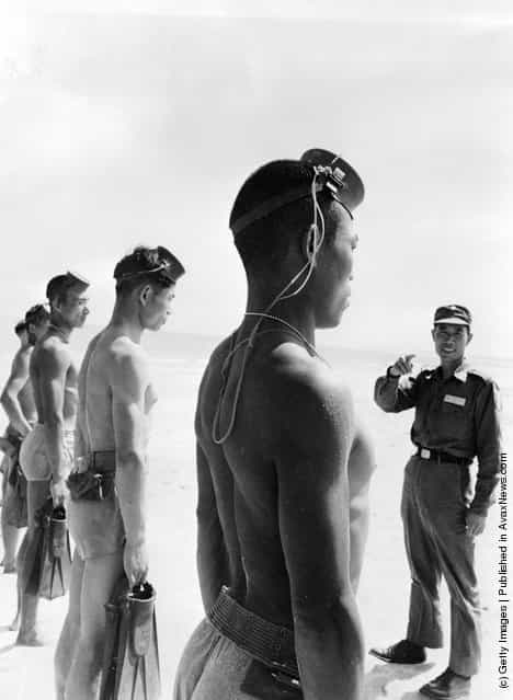 1961: A line of Nationalist Chinese Frogmen, who form the Silent Service of the Quemoy Defence Command, wearing army shorts and holding pairs of fins are briefed by one of their commanding officers on a Quemoy beach