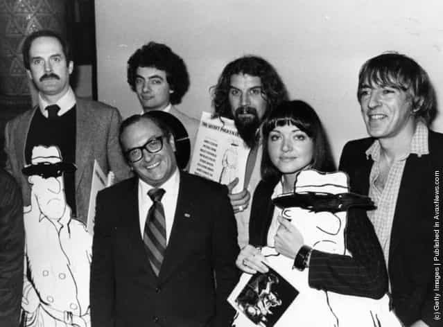 A group of celebrities at the press conference for the Amnesty International charity comedy gala 'The Secret Policeman's Ball'. From left to right, back row: John Cleese, Rowan Atkinson, Billy Connolly, Peter Cook and front row: Clive Jenkins and Anna Ford