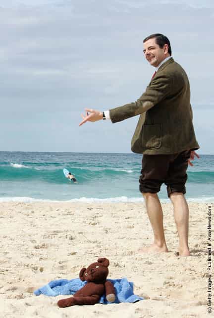 Rowan Atkinson in character as Mr Bean arrives at Bondi Beach to promote his new film Mr Bean's Holiday