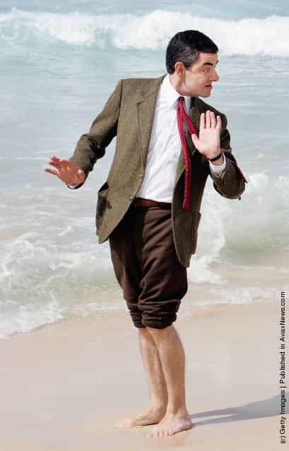 Rowan Atkinson in character as Mr Bean arrives at Bondi Beach to promote his new film Mr Bean's Holiday