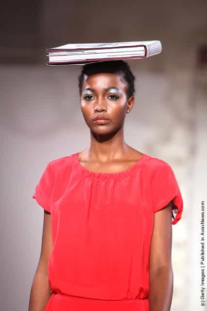 A model on the runway for the Kinder Aggugini show at London Fashion Week Spring/Summer 2012 at the Corinthia Hotel