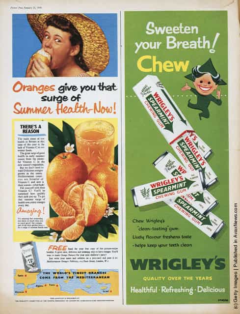 Two magazine advertisements, one for Mediterranean Oranges, with the slogan Oranges give you that surge of Summer Health Now!, another for Wrigleys Gum with the slogan Sweeten your Breath! Chew Wrigleys