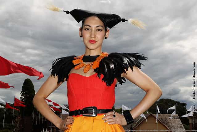 Angela Menz, a competitor in the fashion in the fields contest, attends Epsom Super Saturday at Randwick Racecourse