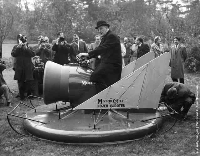 1960: Lord Brabazon, the pioneer British aviator, demonstrates the hover scooter at Long Ditton in Surrey