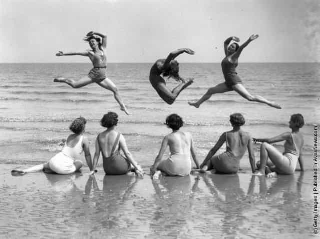 1935: Pupils from the International Institute of Margaret Morris Movement practice on the beach at Sandwich on the Kent coast