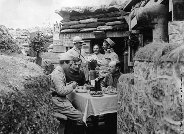 French officers dining in style in a trench near the front line, 1914