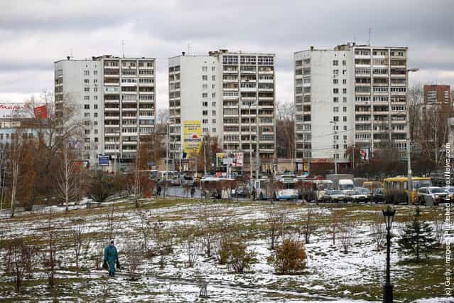 A general view of three apartment blocks in Yekaterinburg, Russia