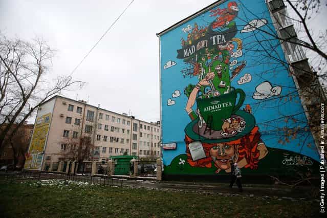 A general view of an advertisement for Ahmad Tea painted on the side of an apartment block in Yekaterinburg, Russia