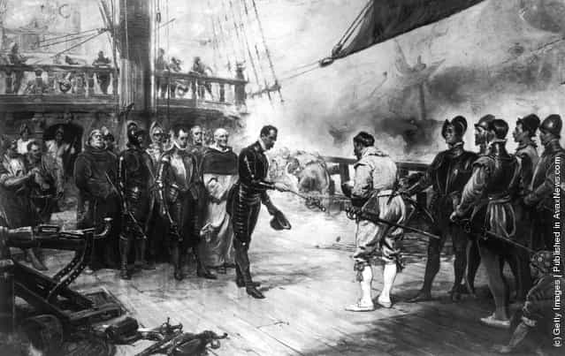 Don Pedro de Valdes, Admiral of the Spanish flagship Nuestra Senora del Rosario, surrenders his sword to Sir Francis Drake (c.1540 - 1596) of the British navy on board the HMS Revenge in the English Channel, 1588. A painting by Seymour Lucas