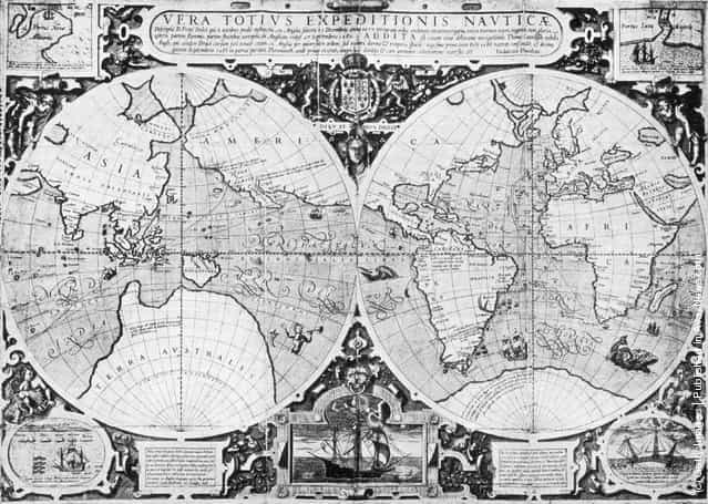 1595, Judocus Hondius map showing Sir Francis Drakes voyage around the world