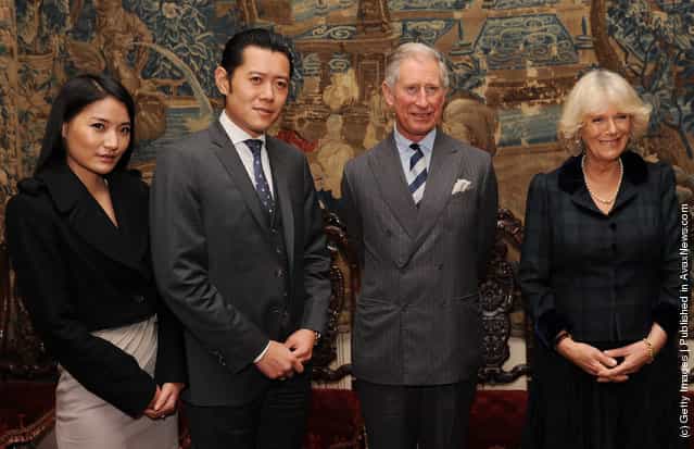 Prince Charles, Prince of Wales (2R) and Camilla, Duchess of Cornwall (R) greet King Jigme Khesar Namgyel Wangchuk (2L) and Queen Jetsun Pema Wangchuk of Bhutan (L) at Clarence House