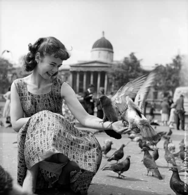 1956: Television actress Catherine Fuller visits Trafalgar Square in London and feeds the famous pigeons