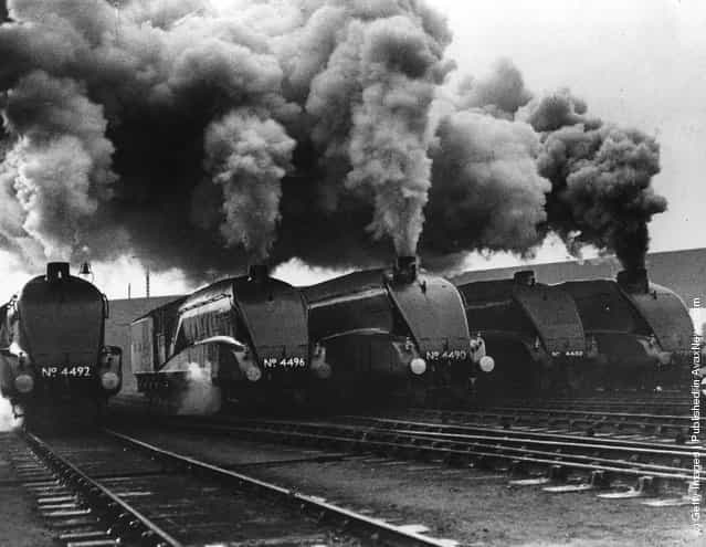 1937: London and North Eastern Railway (LNER) streamlined locomotives during a performance test in London. From left, Dominion of New Zealand, Golden Shuttle, Empire of India, Golden Eagle and No. 10,000