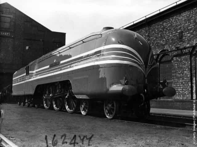 1937: The sleek Coronation Scot 4-6-8 locomotive at Crewe