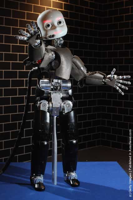 An iCub robot built by the Italian Institute of Technology tracks a ball in the Robotville exhibition at the Science Museum on November 29, 2011 in London, England