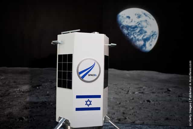 A prototype of a new nano spaceship is displayed during a press conference held by Israels Space IL organisation