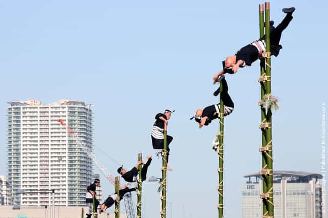 Members of the Edo Firemanship Preservation Association balance on top of bamboo ladders as they perform ladder stunts during the New Years fire review conducted by the Tokyo Fire Department