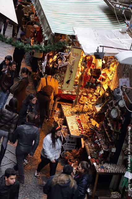Via San Gregorio Armeno in Naples, Italy. Via San Gregorio Armeno, Christmas Alley, is the undisputed world capital of the Nativity and home to the artisans and merchants who specialize in the art and the craft of the Neapolitan Presepe