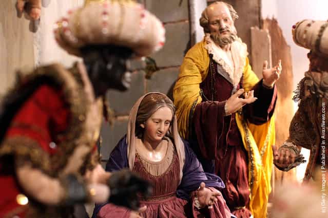 Neapolitan Christmas Nativity figurines on display at Maestri Ferrigno, which opened in 1836, at Via San Gregorio Armeno