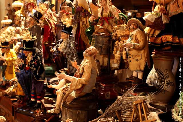Neapolitan Christmas Nativity figurines on display at Maestri Ferrigno, which opened in 1836, at Via San Gregorio Armeno