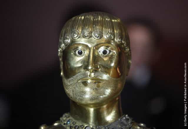 A detail view of the head and eyes of the French National Treasure at Cleveland Museum of Art