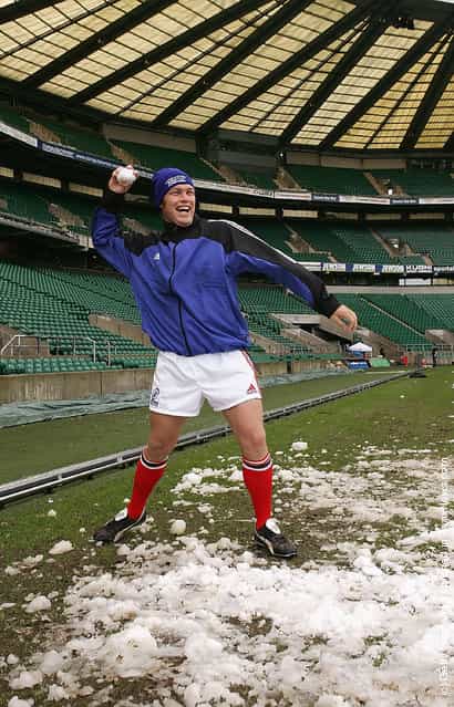 Schalk Burger of South Africa throws a snowball after training for the Rugby Aid match against the Northern Hemisphere during the Southern Hemisphere rugby union training session held at Twickenham