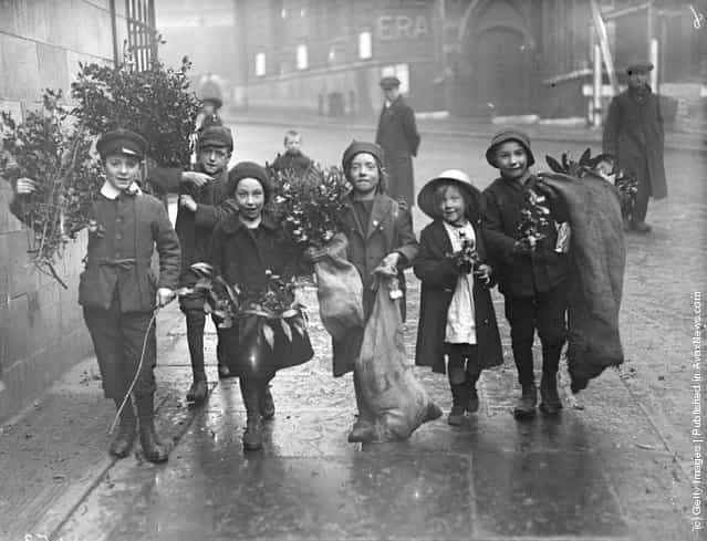 1915: Children carrying holly and mistletoe