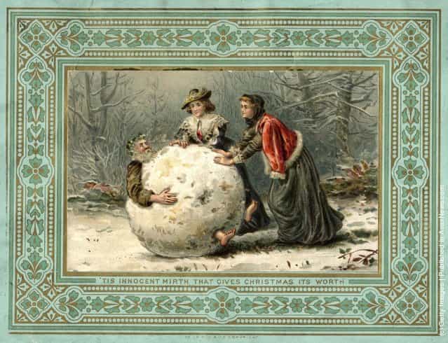 1879: Two women in Stuart costume roll Father Christmas through the woods in a giant snowball, on this unusual Christmas card