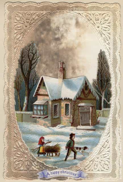 December 1872: Children collecting wood on a sledge, on this Victorian Christmas greetings card