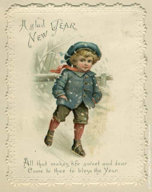 1871: A young boy skating over ice, on this sentimental Victorian Christmas card
