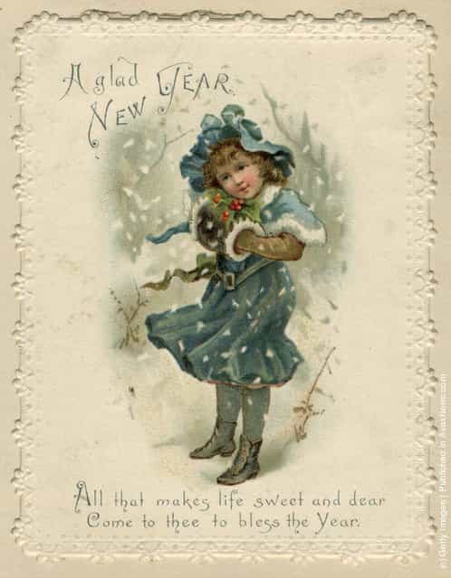 1871: A young girl in the snow, on this sentimental Victorian Christmas card