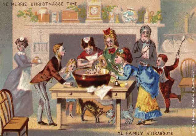 A Victorian family gather to stir the Christmas pudding for luck. Christmas card of 1871 or 1872