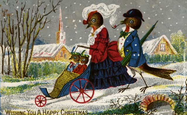 1870: The Robin family take a stroll on a wintry Christmas morning, on this Victorian Christmas greetings card