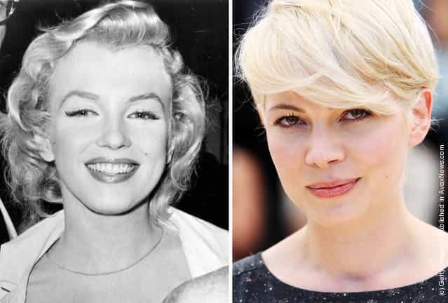 1956: American film star Marilyn Monroe (Norma Jean Mortenson or Norma Jean Baker, 1926 - 1962) smiles on July 14, 1956; Actress Michelle Williams attends the "Blue Valentine" Photocall at the Palais des Festivals during the 63rd Annual Cannes Film Festival on May 18, 2010 in Cannes, France