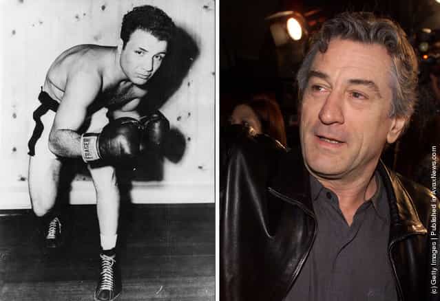 1949: American contender for Middleweight title, Jake La Motta, gestures in training to meet Marcel Cerdan, the French middleweight champion at Detroit in 1949; Actor Robert DeNiro attends the premiere of "Showtime" at the Chinese Theater in Los Angeles, Ca. Monday, March 11, 2002