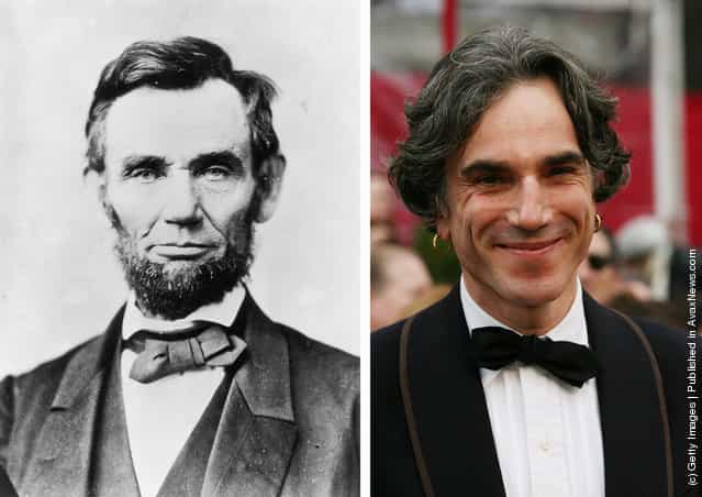 Abraham Lincoln, (1809 - 1865), the 16th President of the United States of America poses in circa1863; Actor Daniel Day-Lewis arrives at the 80th Annual Academy Awards held at the Kodak Theatre on February 24, 2008 in Hollywood, California